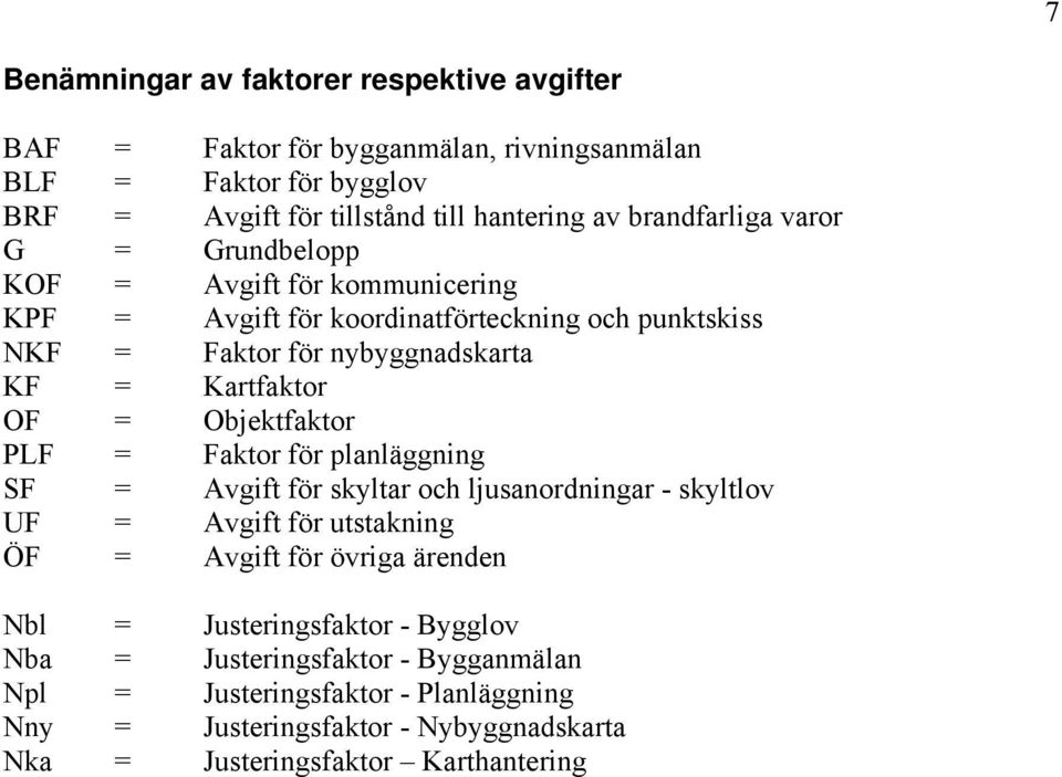 OF = Objektfaktor PLF = Faktor för planläggning SF = Avgift för skyltar och ljusanordningar - skyltlov UF = Avgift för utstakning ÖF = Avgift för övriga ärenden Nbl =