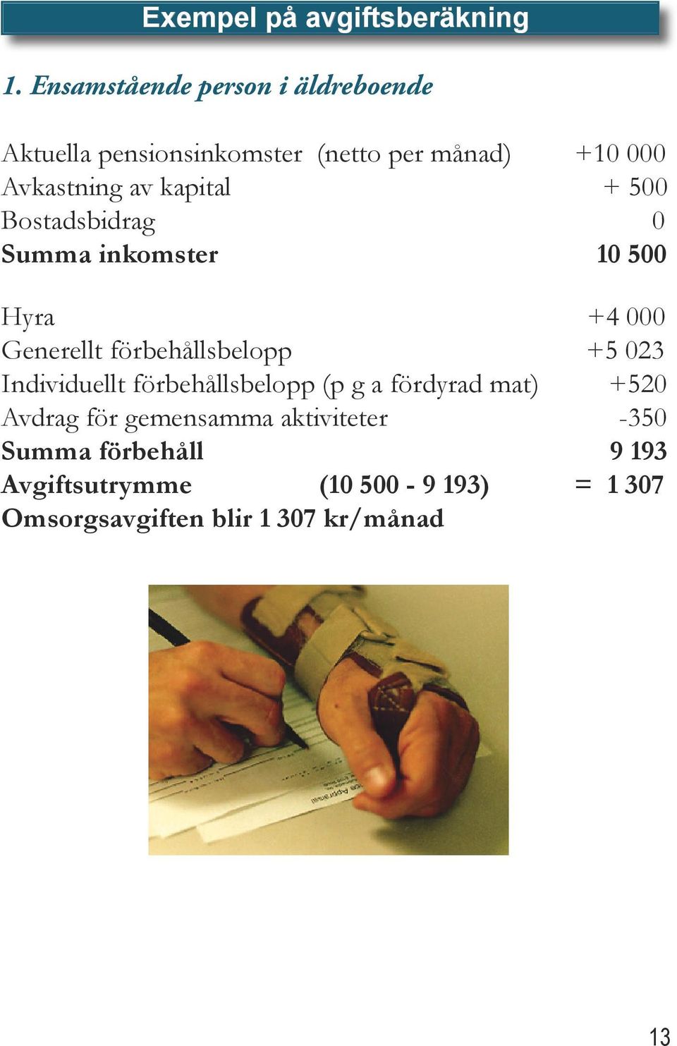 kapital + 500 Bostadsbidrag 0 Summa inkomster 10 500 Hyra +4 000 Generellt förbehållsbelopp +5 023