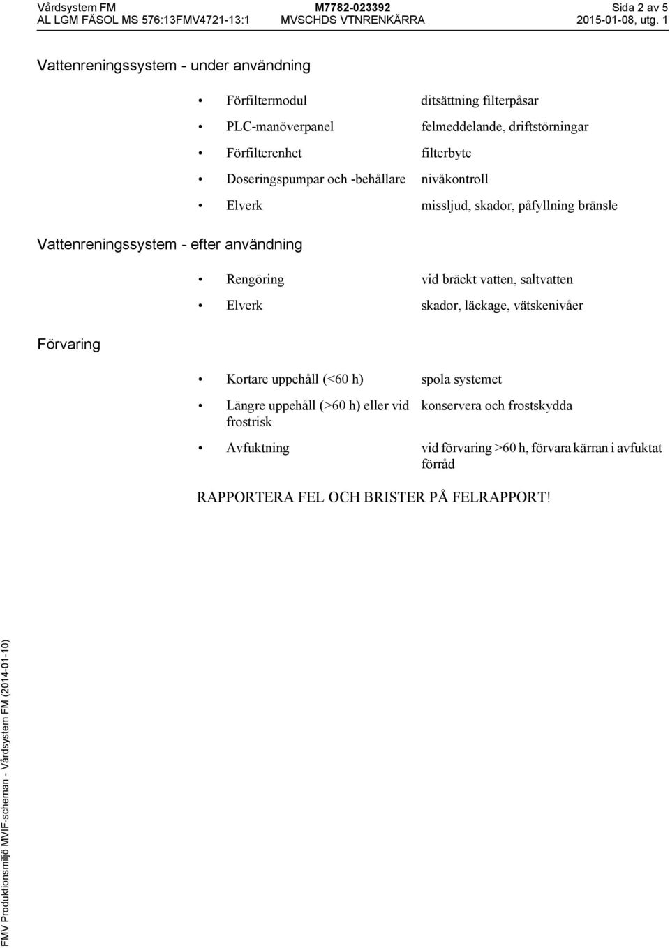 vid bräckt vatten, saltvatten Elverk skador, läckage, vätskenivåer Förvaring Kortare uppehåll (<60 h) spola systemet Längre uppehåll (>60 h)