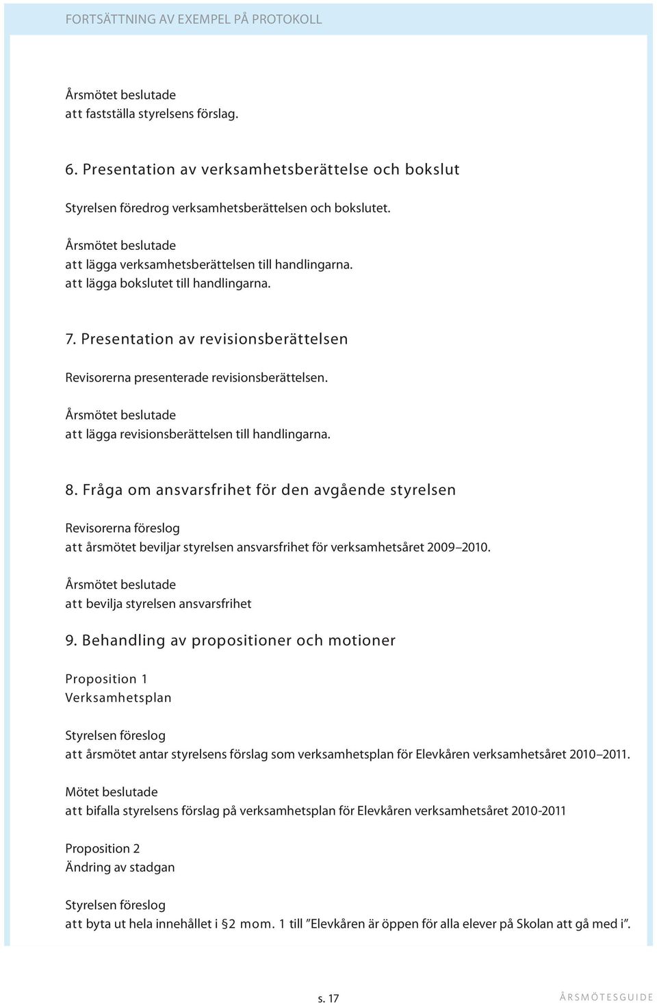 att lägga revisionsberättelsen till handlingarna. 8. Fråga om ansvarsfrihet för den avgående styrelsen Revisorerna föreslog att årsmötet beviljar styrelsen ansvarsfrihet för verksamhetsåret 2009 2010.