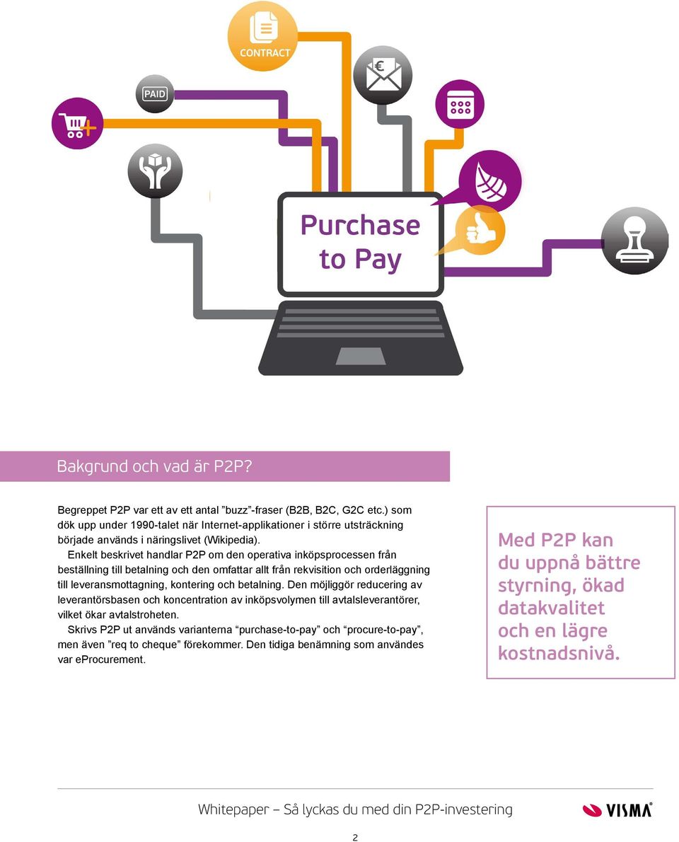 Enkelt beskrivet handlar P2P om den operativa inköpsprocessen från beställning till betalning och den omfattar allt från rekvisition och orderläggning till leveransmottagning, kontering och