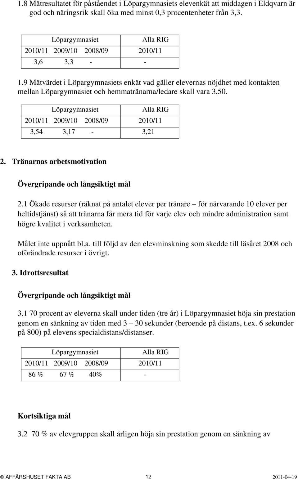 9 Mätvärdet i Löpargymnasiets enkät vad gäller elevernas nöjdhet med kontakten mellan Löpargymnasiet och hemmatränarna/ledare skall vara 3,50.