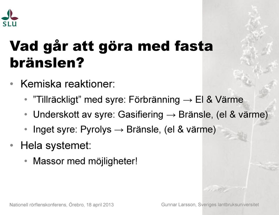 Värme Underskott av syre: Gasifiering Bränsle, (el & värme)