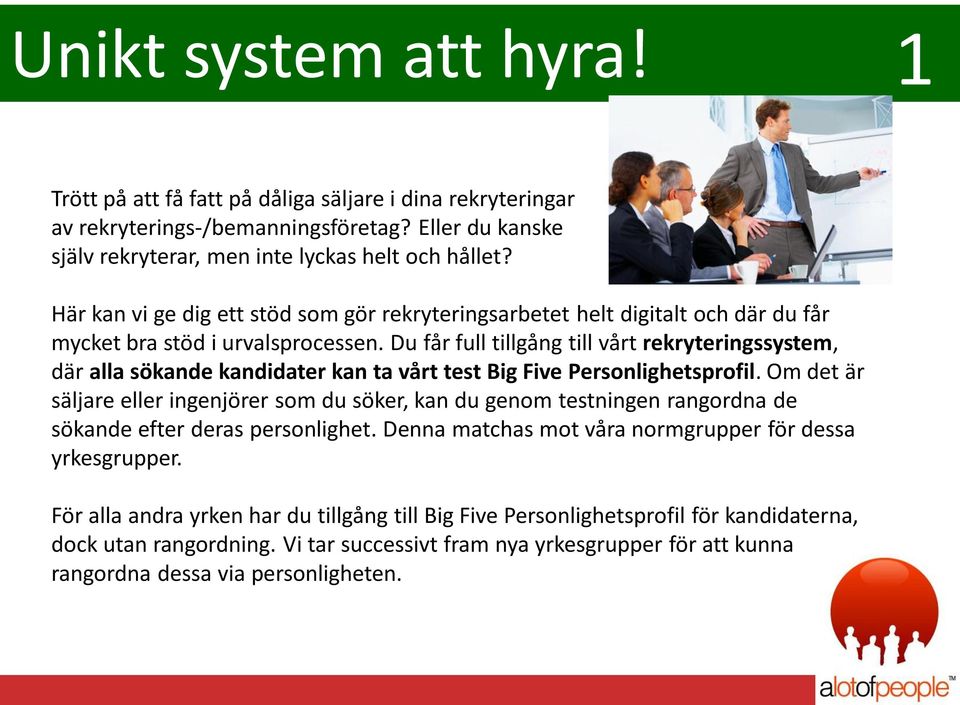 Du får full tillgång till vårt rekryteringssystem, där alla sökande kandidater kan ta vårt test Big Five Personlighetsprofil.