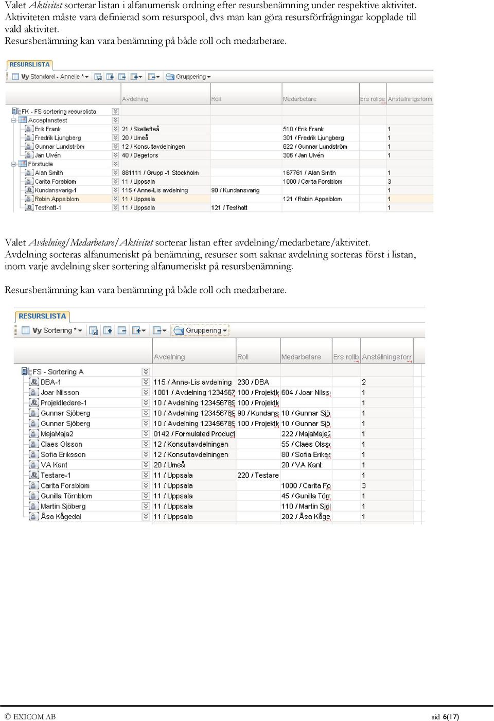 Resursbenämning kan vara benämning på både roll och medarbetare. Valet Avdelning/Medarbetare/Aktivitet sorterar listan efter avdelning/medarbetare/aktivitet.