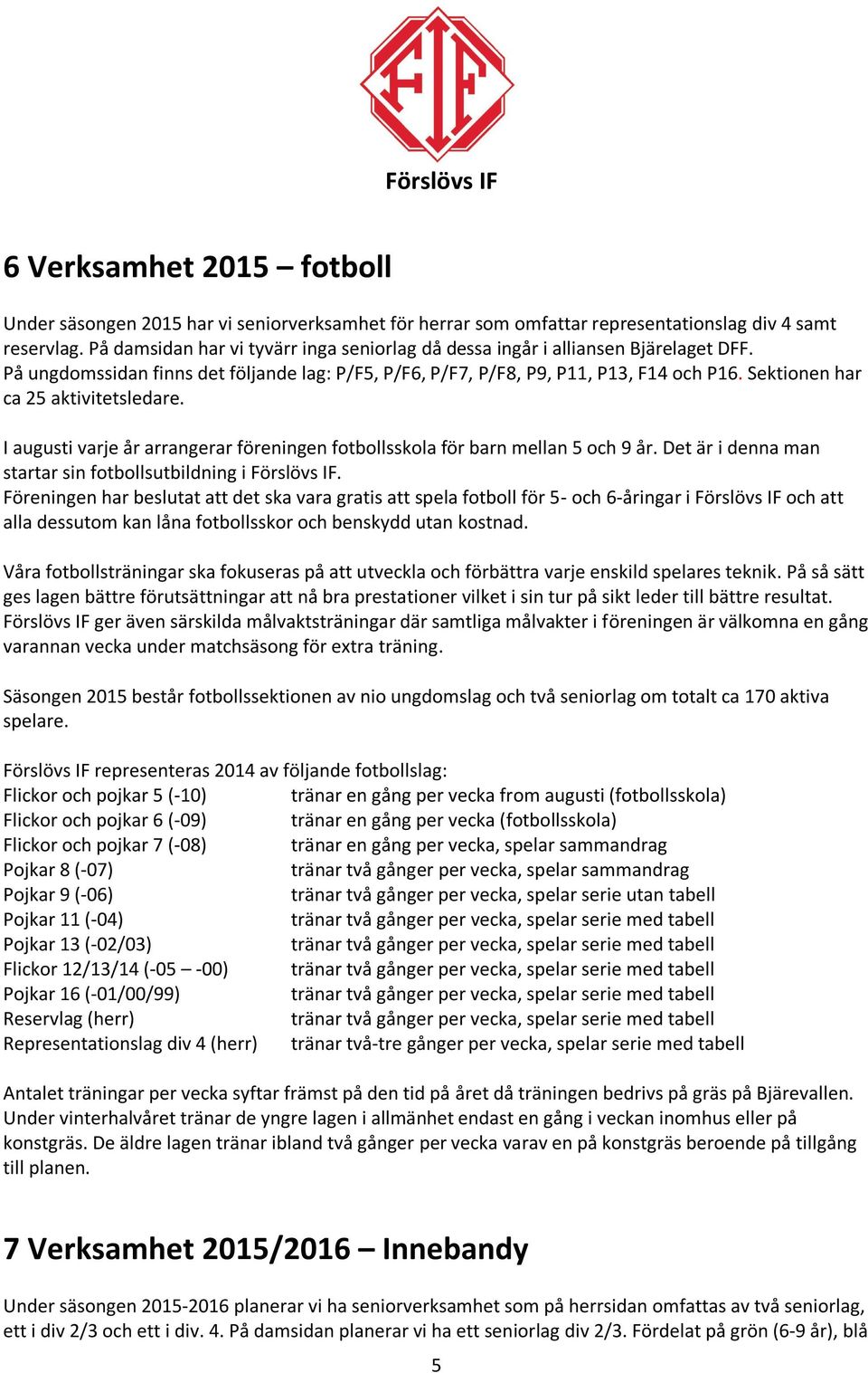 Sektionen har ca 25 aktivitetsledare. I augusti varje år arrangerar föreningen fotbollsskola för barn mellan 5 och 9 år. Det är i denna man startar sin fotbollsutbildning i Förslövs IF.