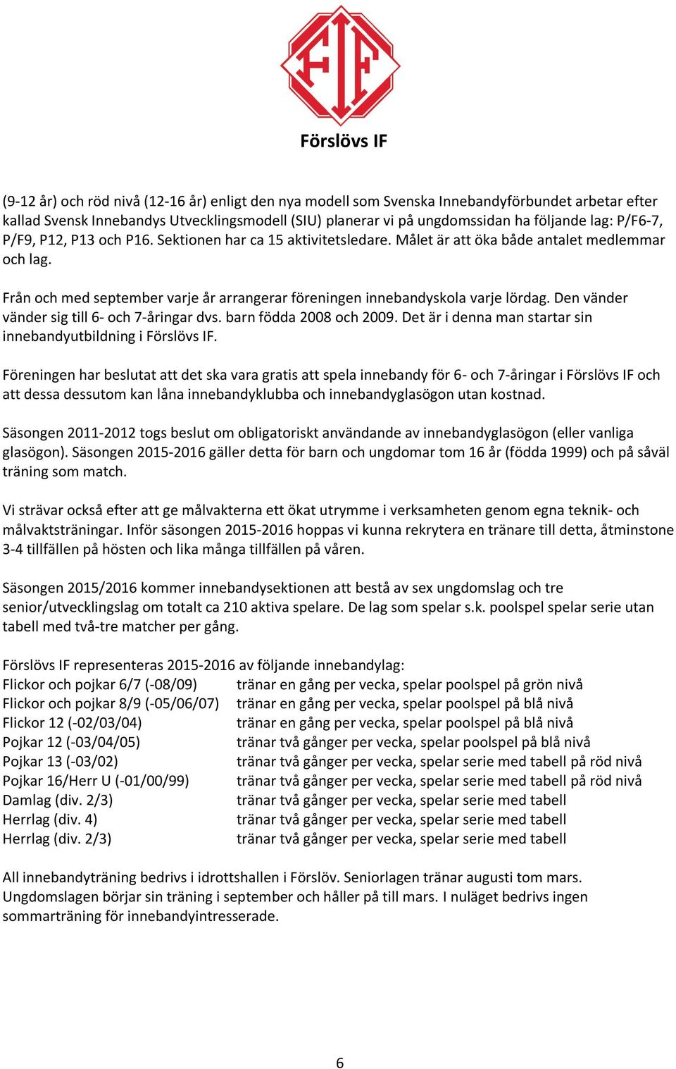 Från och med september varje år arrangerar föreningen innebandyskola varje lördag. Den vänder vänder sig till 6- och 7-åringar dvs. barn födda 2008 och 2009.