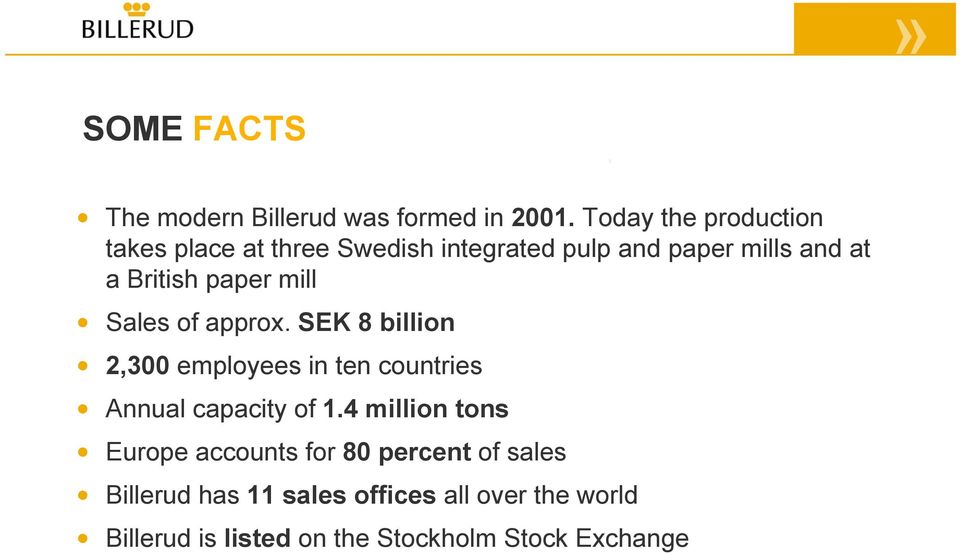 paper mill Sales of approx. SEK 8 billion 2,300 employees in ten countries Annual capacity of 1.