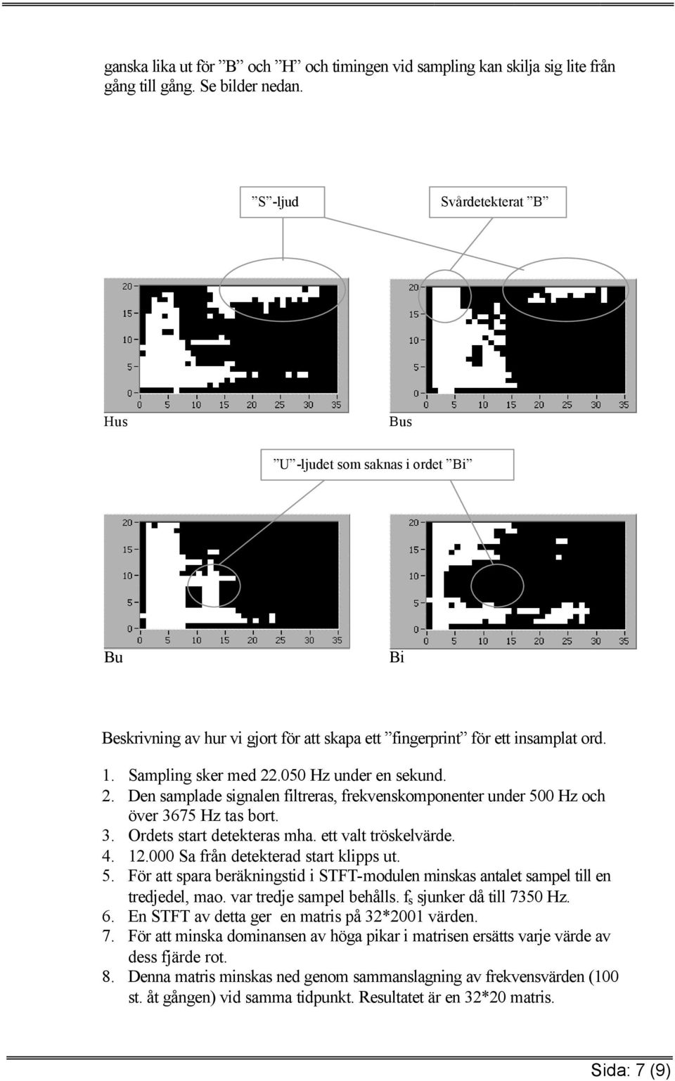 2. Den samplade signalen filtreras, frekvenskomponenter under 500 Hz och över 3675 Hz tas bort. 3. Ordets start detekteras mha. ett valt tröskelvärde. 4. 12.000 Sa från detekterad start klipps ut. 5. För att spara beräkningstid i STFT-modulen minskas antalet sampel till en tredjedel, mao.