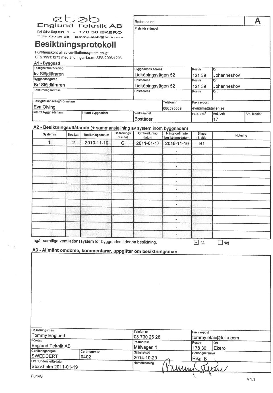 SWEDCERT 040 049,, Rikj Stockholm 009 Ii Tommy Englund 08 70 8 tommy.etab@telia.