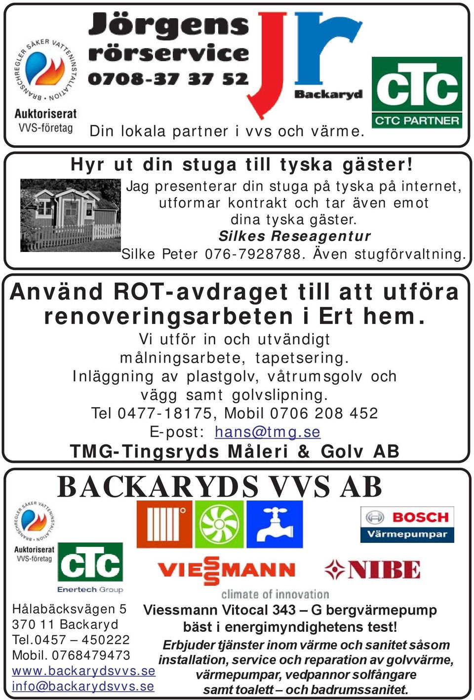 Inläggning av plastgolv, våtrumsgolv och vägg samt golvslipning. Tel 0477-18175, Mobil 0706 208 452 E-post: hans@tmg.