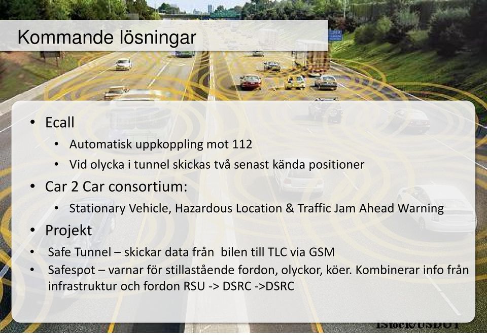 Ahead Warning Projekt Safe Tunnel skickar data från bilen till TLC via GSM Safespot varnar för