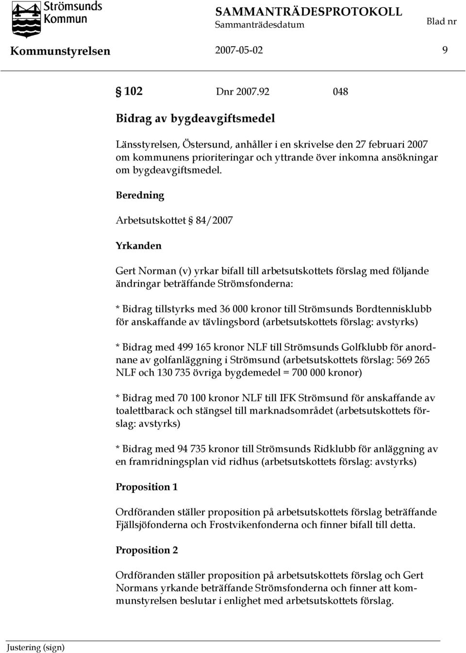 Beredning Arbetsutskottet 84/2007 Yrkanden Gert Norman (v) yrkar bifall till arbetsutskottets förslag med följande ändringar beträffande Strömsfonderna: * Bidrag tillstyrks med 36 000 kronor till