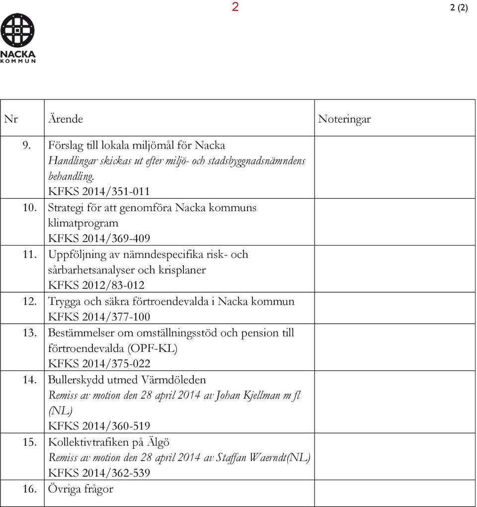 Trygga och säkra förtroendevalda i Nacka kommun KFKS 2014/377-100 13. Bestämmelser om omställningsstöd och pension till förtroendevalda (OPF-KL) KFKS 2014/375-022 14.