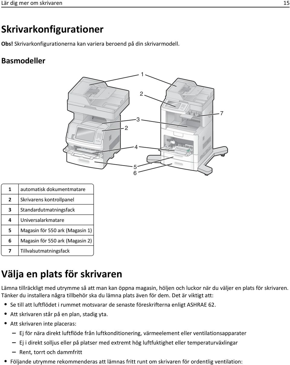 Tillvalsutmatningsfack Välja en plats för skrivaren Lämna tillräckligt med utrymme så att man kan öppna magasin, höljen och luckor när du väljer en plats för skrivaren.