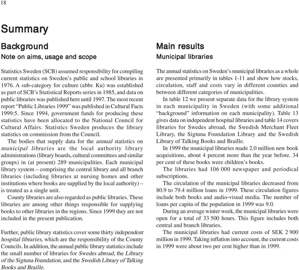 The most recent report Public Libraries 1999 was published in Cultural Facts 1999:5.