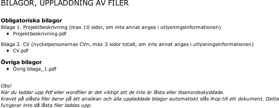 CV (nyckelpersonernas CVn, max 3 sidor totalt, om inte annat anges i utlysningsinformationen) CV.pdf Övriga bilagor Övrig bilaga_1.pdf Obs!