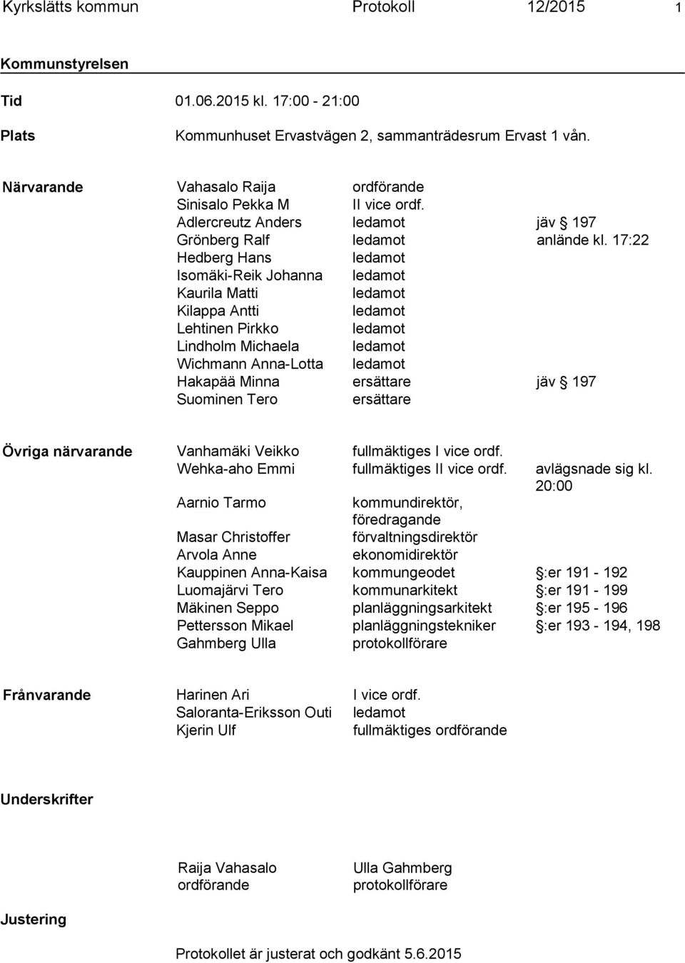 17:22 Hedberg Hans ledamot Isomäki-Reik Johanna ledamot Kaurila Matti ledamot Kilappa Antti ledamot Lehtinen Pirkko ledamot Lindholm Michaela ledamot Wichmann Anna-Lotta ledamot Hakapää Minna