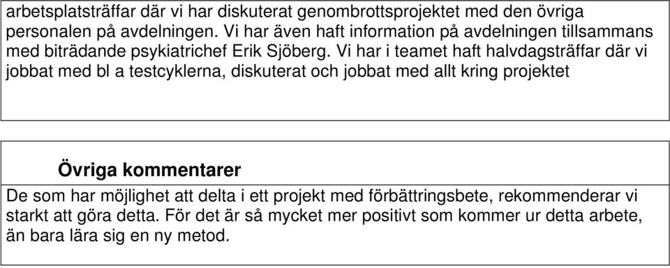 Vi har i teamet haft halvdagsträffar där vi jobbat med bl a testcyklerna, diskuterat och jobbat med allt kring projektet Övriga