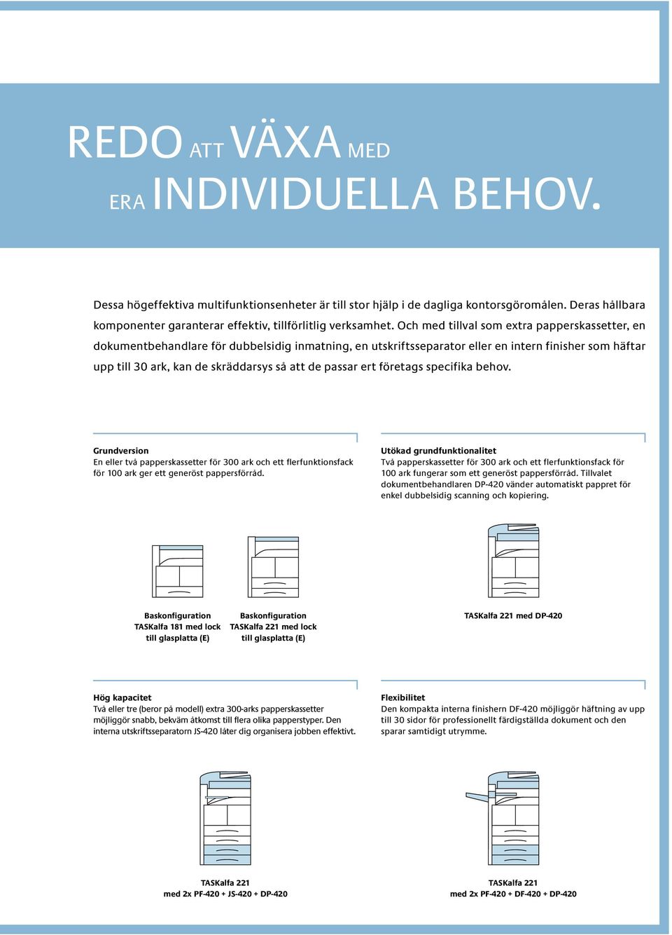 Och med tillval som extra papperskassetter, en dokumentbehandlare för dubbelsidig inmatning, en utskriftsseparator eller en intern finisher som häftar upp till 30 ark, kan de skräddarsys så att de