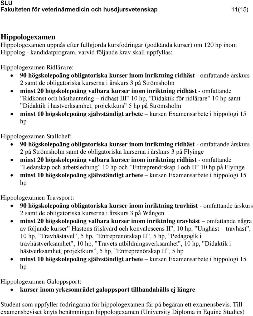 minst 20 högskolepoäng valbara kurser inom inriktning ridhäst - omfattande Ridkonst och hästhantering ridhäst III 10 hp, Didaktik för ridlärare 10 hp samt Didaktik i hästverksamhet, projektkurs 5 hp