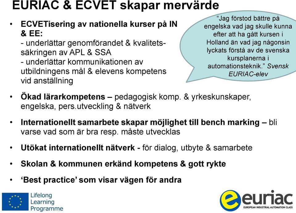 utveckling & nätverk Internationellt samarbete skapar möjlighet till bench marking bli varse vad som är bra resp.