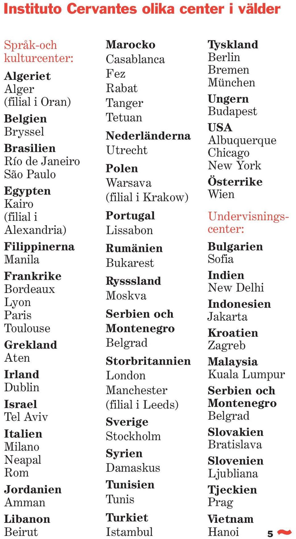 Nederländerna Utrecht Polen Warsava (filial i Krakow) Portugal Lissabon Rumänien Bukarest Rysssland Moskva Serbien och Montenegro Belgrad Storbritannien London Manchester (filial i Leeds) Sverige