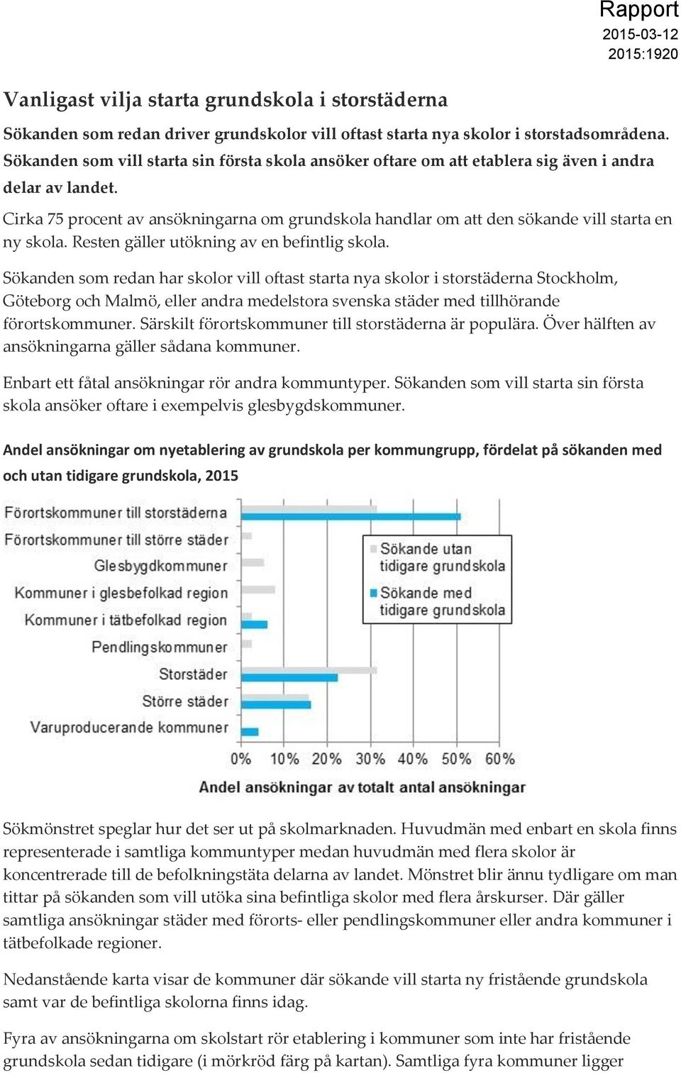 Cirka 75 procent av ansökningarna om grundskola handlar om att den sökande vill starta en ny skola. Resten gäller utökning av en befintlig skola.