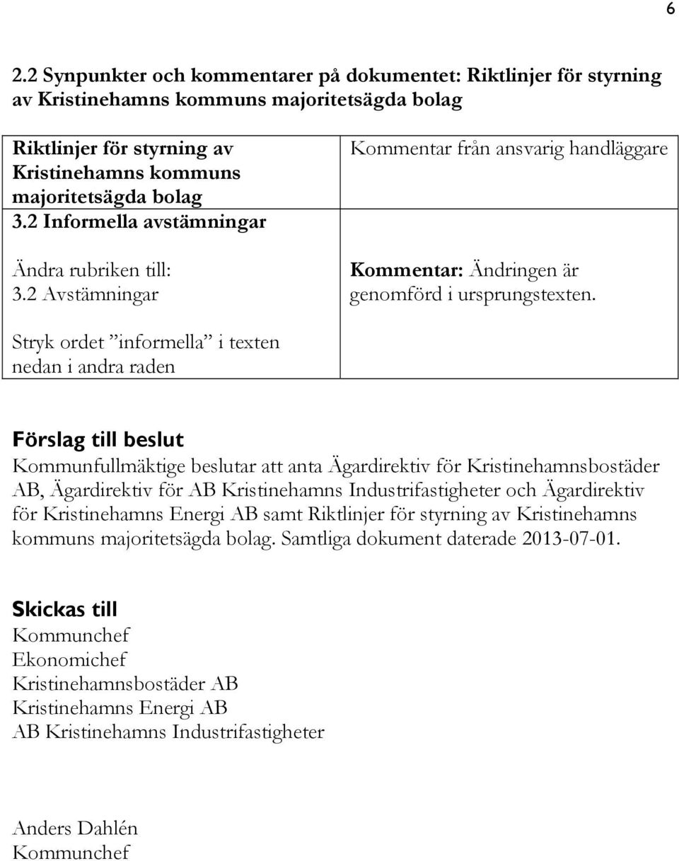 Stryk ordet informella i texten nedan i andra raden Förslag till beslut Kommunfullmäktige beslutar att anta Ägardirektiv för Kristinehamnsbostäder AB, Ägardirektiv för AB Kristinehamns