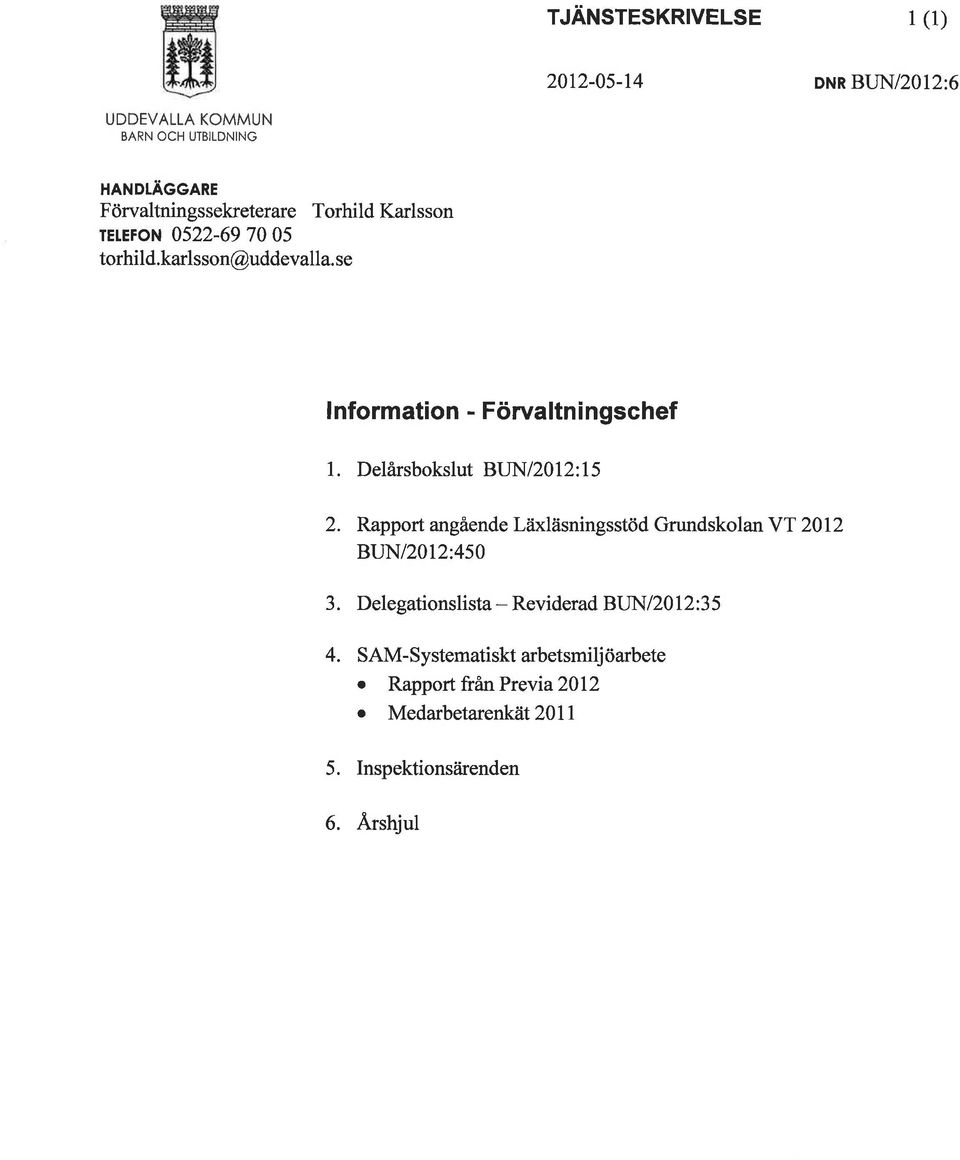 Delårsbokslut BUN/2012:15 2. Rapport angående Läxläsningsstöd Grundskolan VT 2012 BUN/2012:450 3.