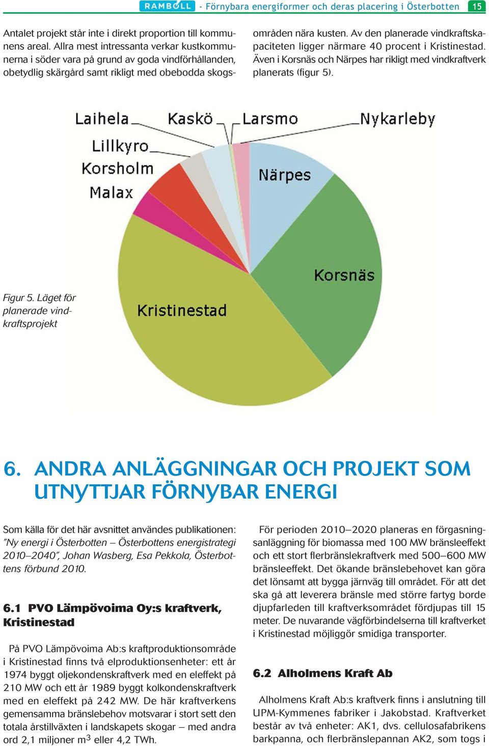 Av den planerade vindkraftskapaciteten ligger närmare 40 procent i Kristinestad. Även i Korsnäs och Närpes har rikligt med vindkraftverk planerats (figur 5). Figur 5.