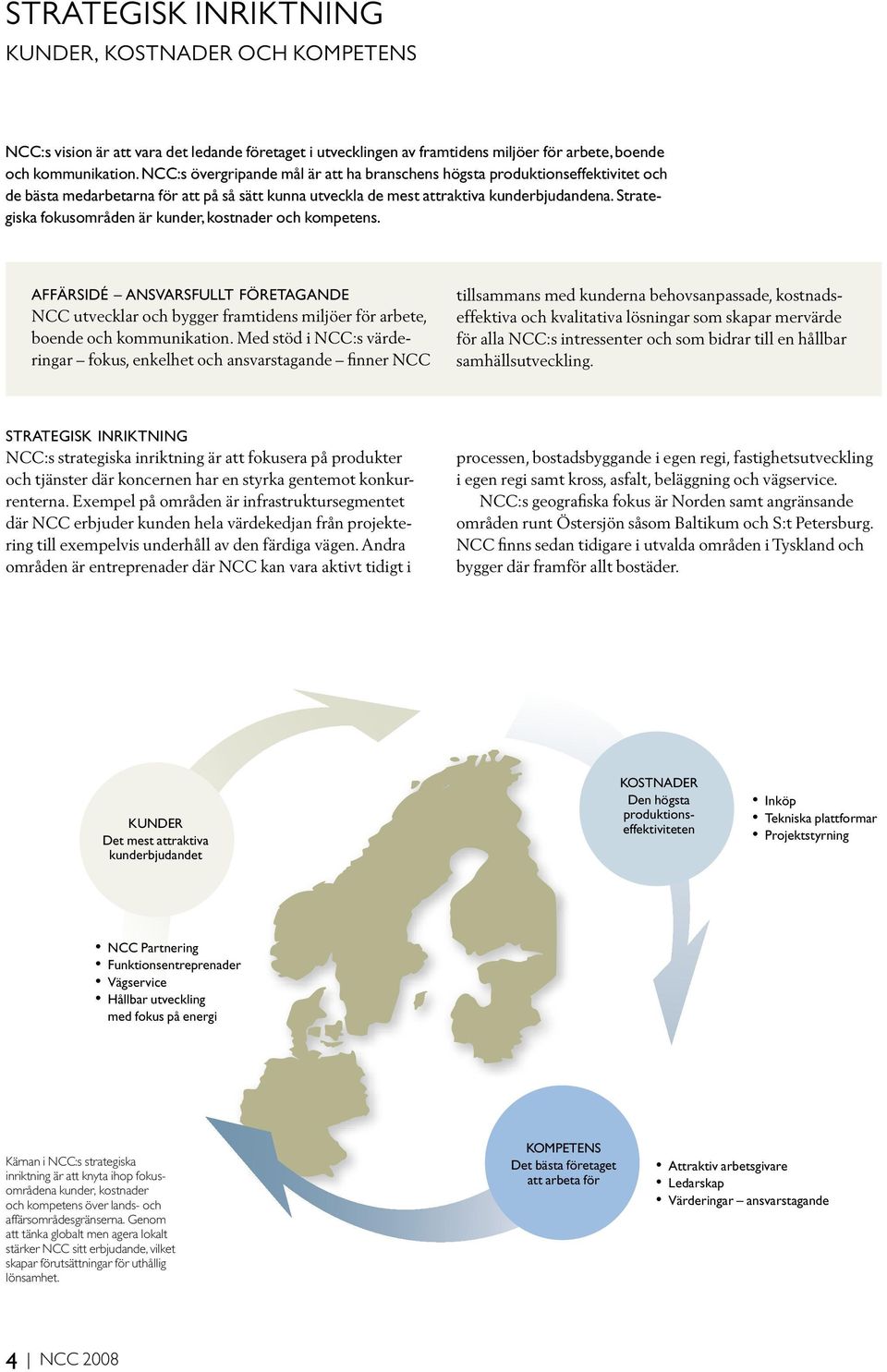 Strategiska fokusområden är kunder, kostnader och kompetens. Affärsidé ansvarsfullt företagande NCC utvecklar och bygger framtidens miljöer för arbete, boende och kommunikation.