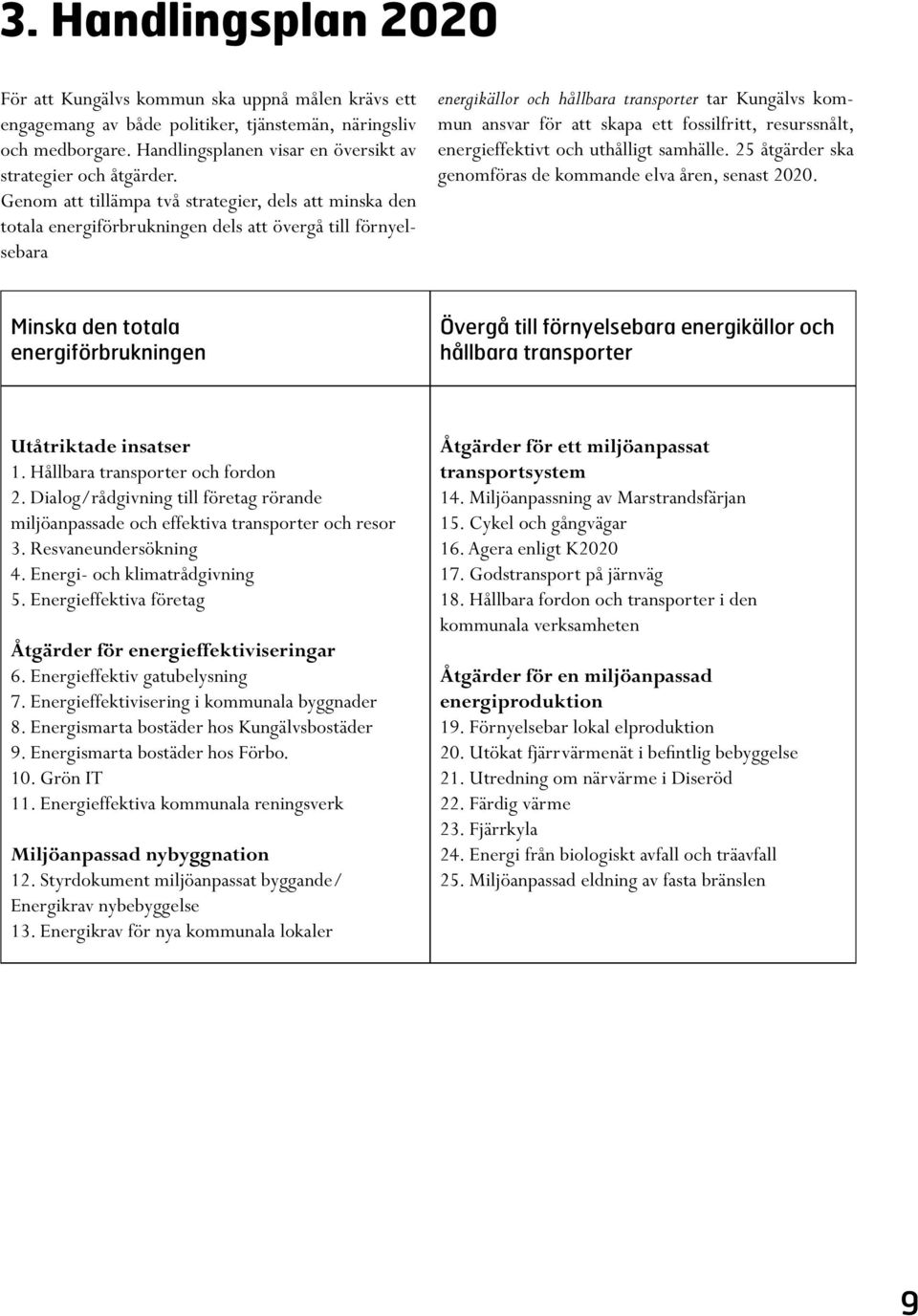 Genom att tillämpa två strategier, dels att minska den totala energiförbrukningen dels att övergå till förnyelsebara energikällor och hållbara transporter tar Kungälvs kommun ansvar för att skapa ett