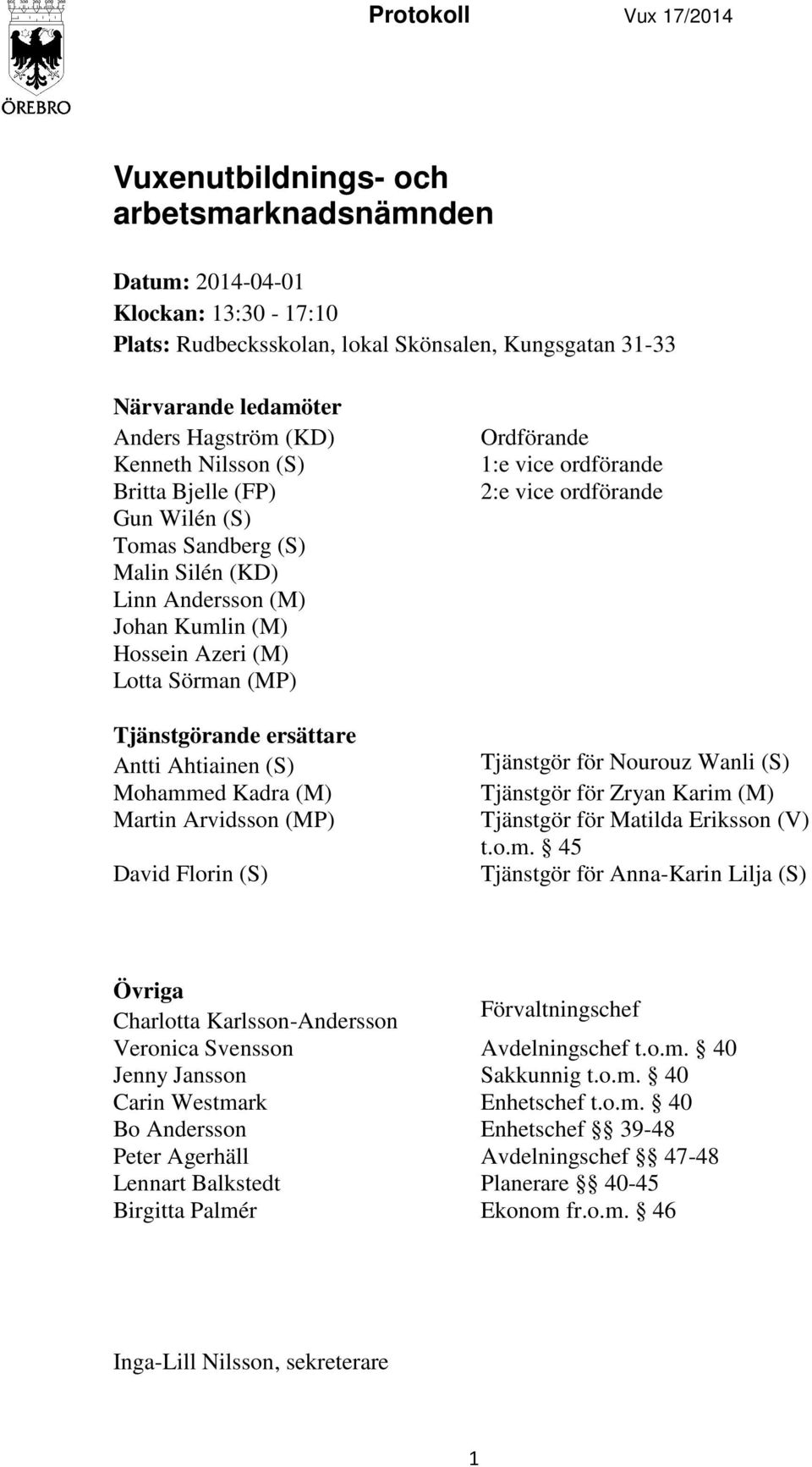 Ahtiainen (S) Mohammed Kadra (M) Martin Arvidsson (MP) David Florin (S) Ordförande 1:e vice ordförande 2:e vice ordförande Tjänstgör för Nourouz Wanli (S) Tjänstgör för Zryan Karim (M) Tjänstgör för