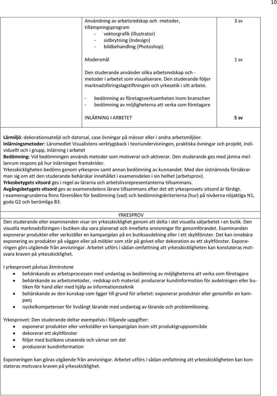 - bedömning av företagsverksamheten inom branschen - bedömning av möjligheterna att verka som företagare INLÄRNING I ARBETET 5 sv Lärmiljö: dekorationsateljé och datorsal, case övningar på mässor