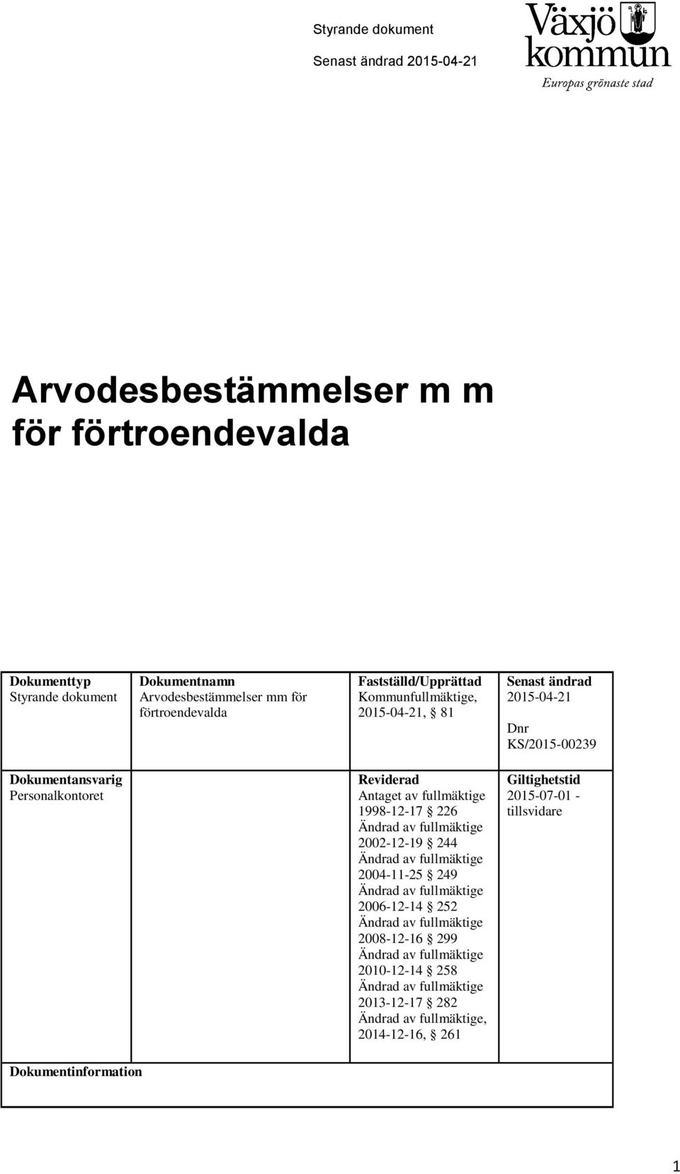 Dnr KS/2015-00239 Dokumentansvarig Personalkontoret Reviderad Antaget av fullmäktige 1998-12-17 226 2002-12-19 244