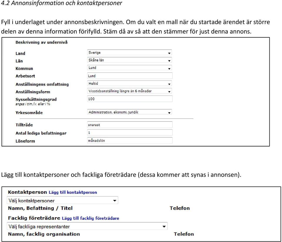 Om du valt en mall när du startade ärendet är större delen av denna information