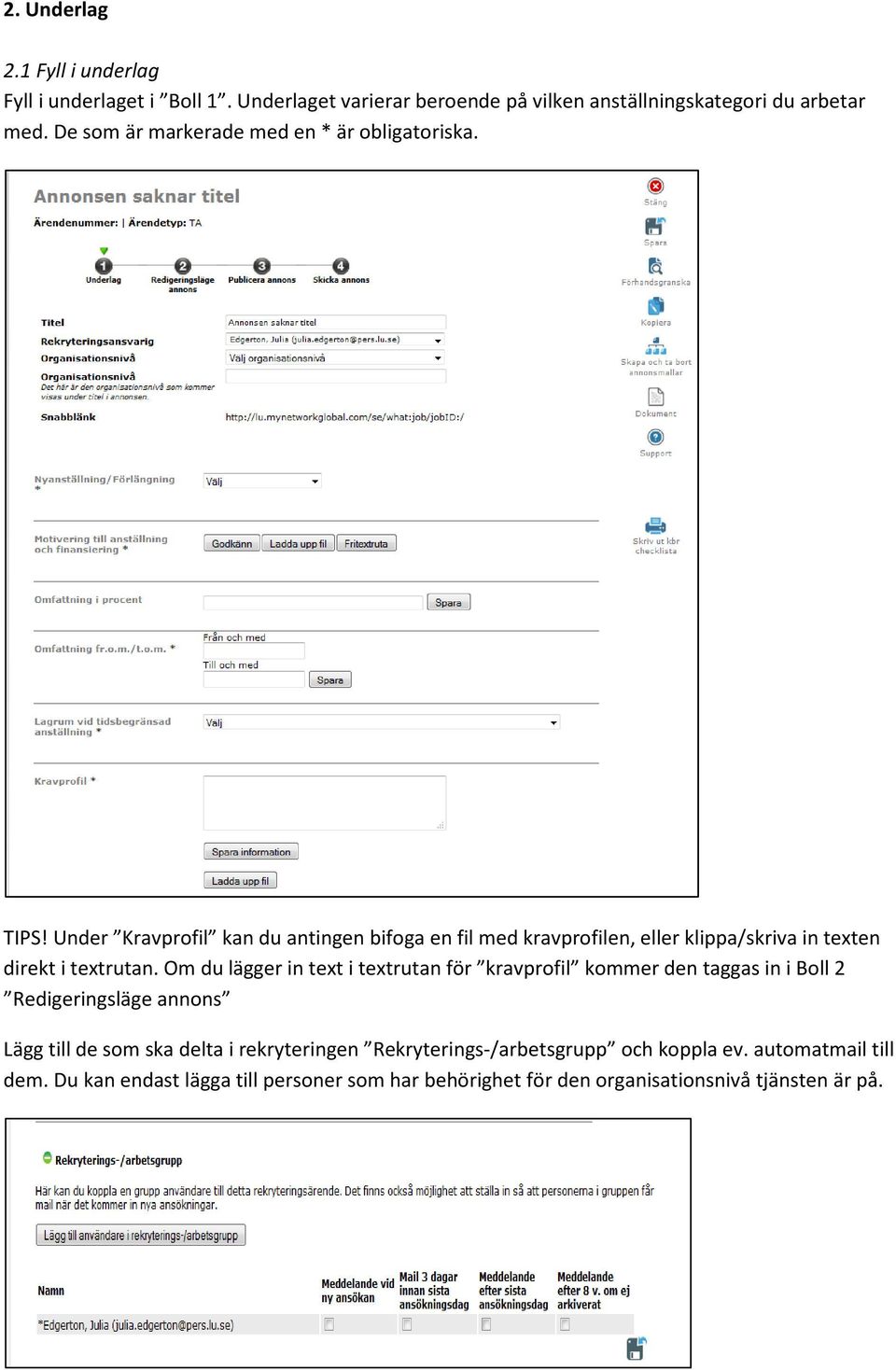 Under Kravprofil kan du antingen bifoga en fil med kravprofilen, eller klippa/skriva in texten direkt i textrutan.