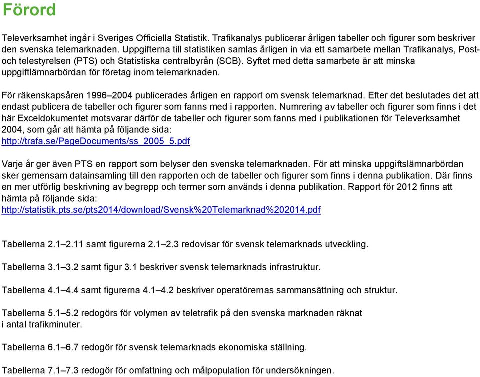 Syftet med detta samarbete är att minska uppgiftlämnarbördan för företag inom telemarknaden. För räkenskapsåren 1996 2004 publicerades årligen en rapport om svensk telemarknad.