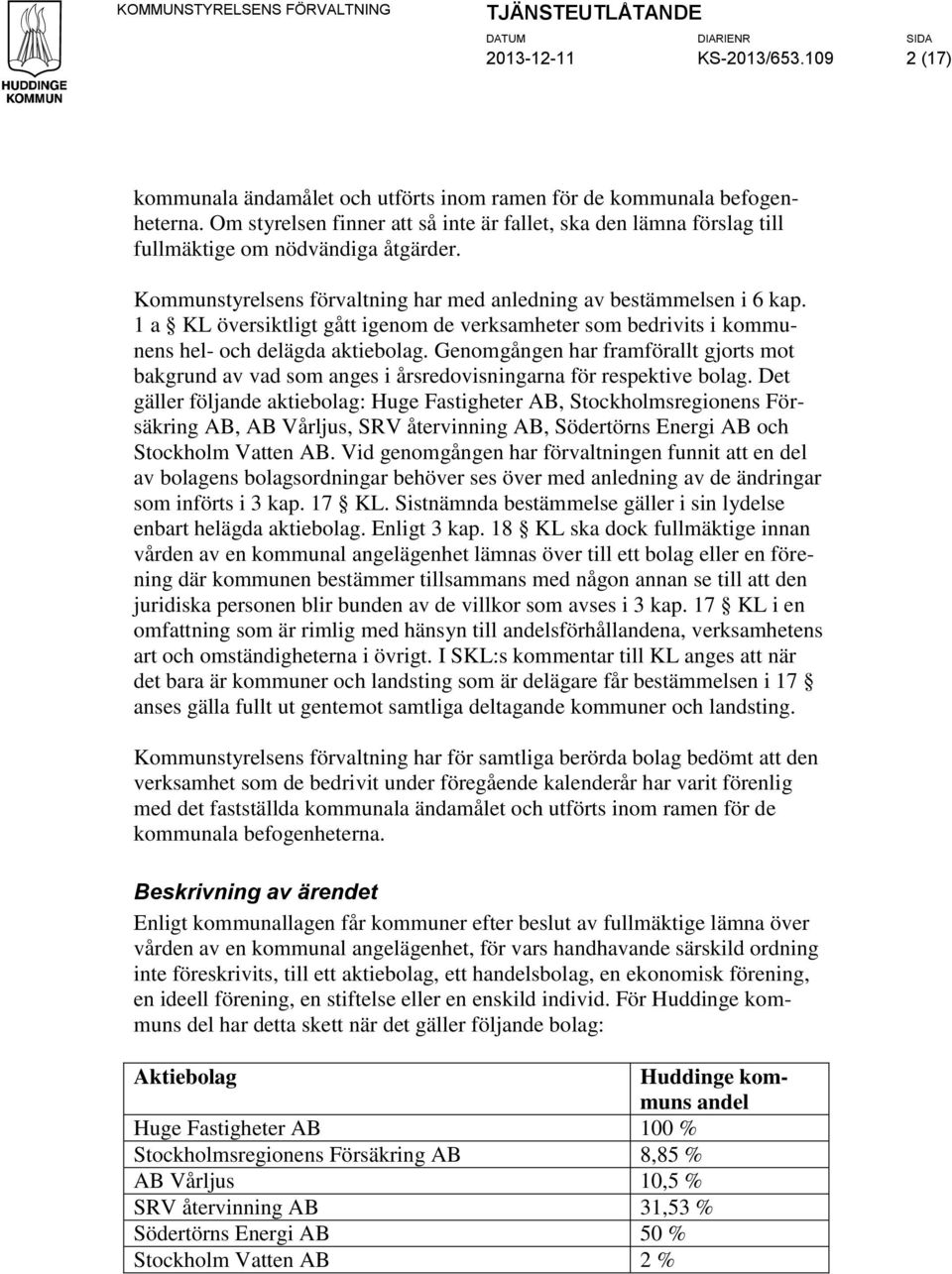 1 a KL översiktligt gått igenom de verksamheter som bedrivits i kommunens hel- och delägda aktiebolag.