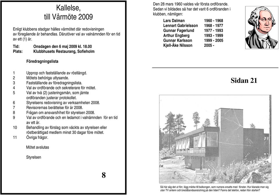 Sedan vi bildades så har det varit 6 ordföranden i klubben, nämligen: Lars Dalman 1960-1968 Lennart Gabrielsson 1968-1977 Gunnar Fagerlund 1977-1993 Arthur Engberg 1993-1999 Gunnar Karlsson 1999-2005