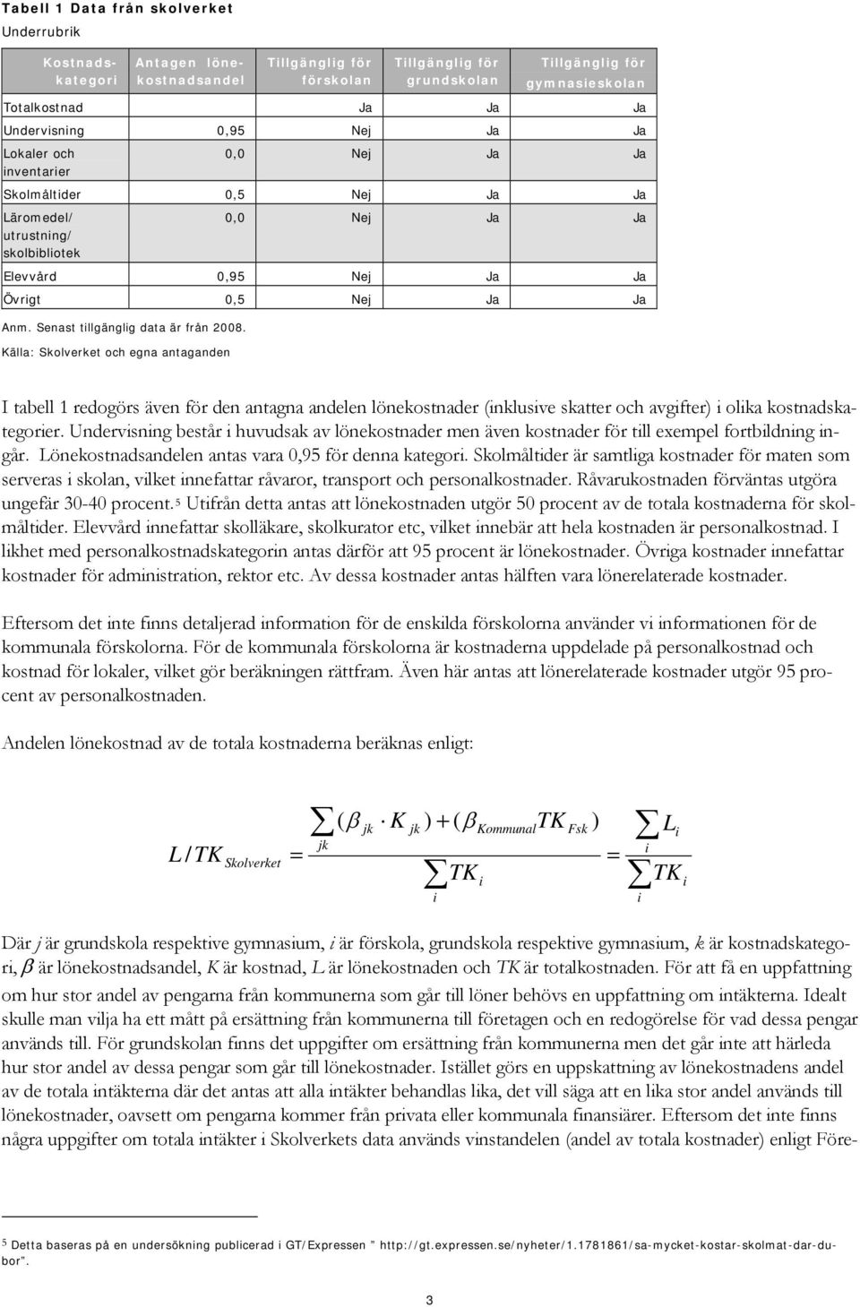 Senast tllgänglg data är från 2008. Källa: Skolverket och egna antaganden I tabell 1 redogörs även för den antagna andelen lönekostnader (nklusve skatter och avgfter) olka kostnadskategorer.