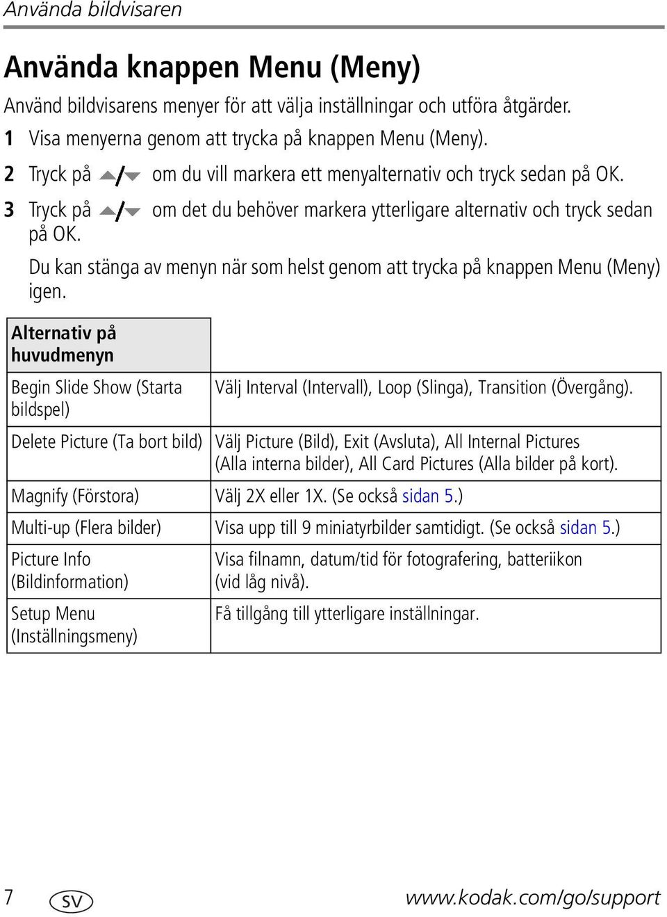 Du kan stänga av menyn när som helst genom att trycka på knappen Menu (Meny) igen. Alternativ på huvudmenyn Begin Slide Show (Starta Välj Interval (Intervall), Loop (Slinga), Transition (Övergång).