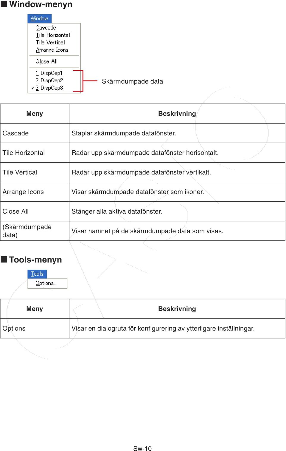 Arrange Icons Visar skärmdumpade datafönster som ikoner. Close All (Skärmdumpade data) Stänger alla aktiva datafönster.