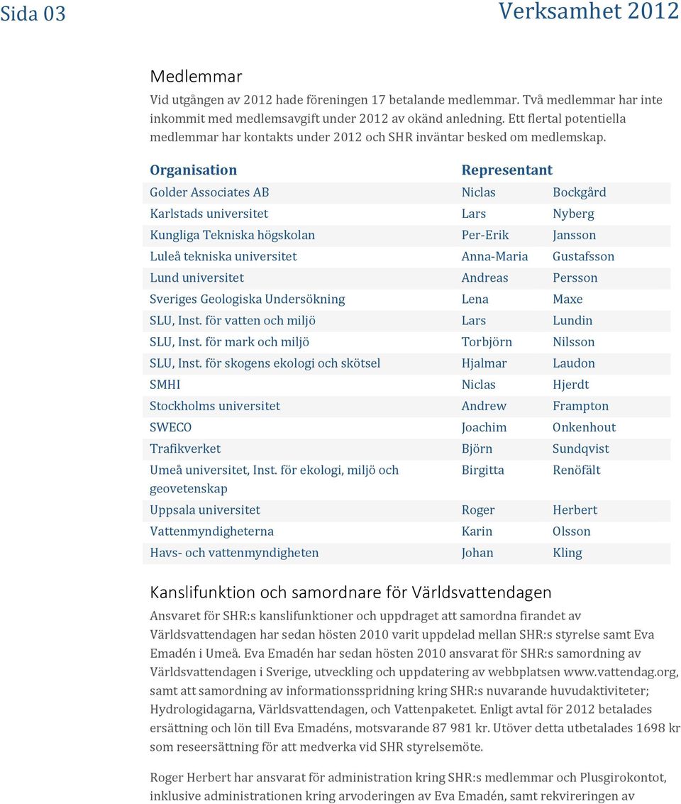 Organisation Representant Golder Associates AB Niclas Bockgård Karlstads universitet Lars Nyberg Kungliga Tekniska högskolan Per-Erik Jansson Luleå tekniska universitet Anna-Maria Gustafsson Lund