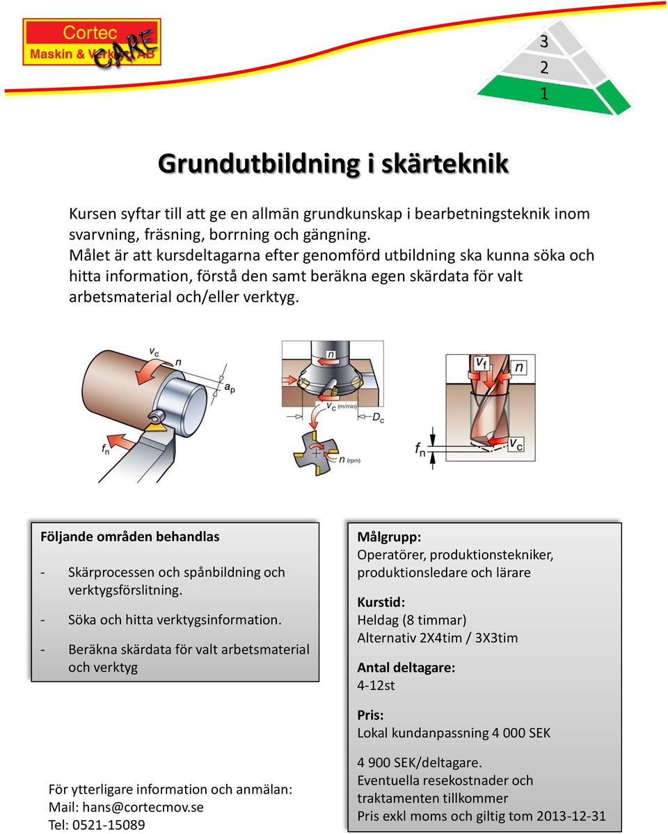 arbetsmaterial och/eller verktyg. - Skärprocessen och spånbildning och verktygsförslitning. - Söka och hitta verktygsinformation.