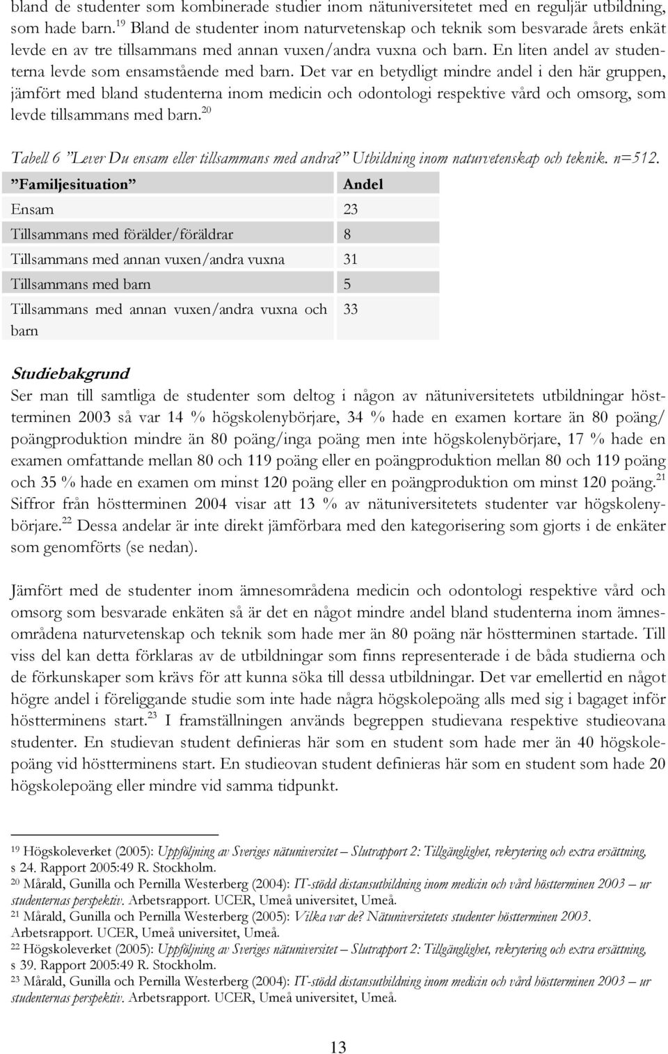 En liten andel av studenterna levde som ensamstående med barn.