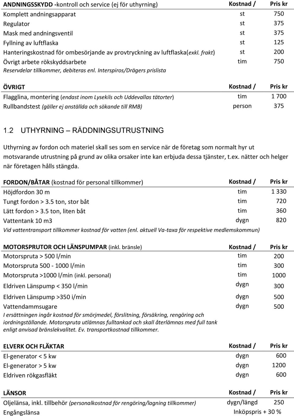 Interspiros/Drägers prislista ÖVRIGT Kostnad / Pris kr Flagglina, montering (endast inom Lysekils och Uddevallas tätorter) tim 1 700 Rullbandstest (gäller ej anställda och sökande till RMB) person