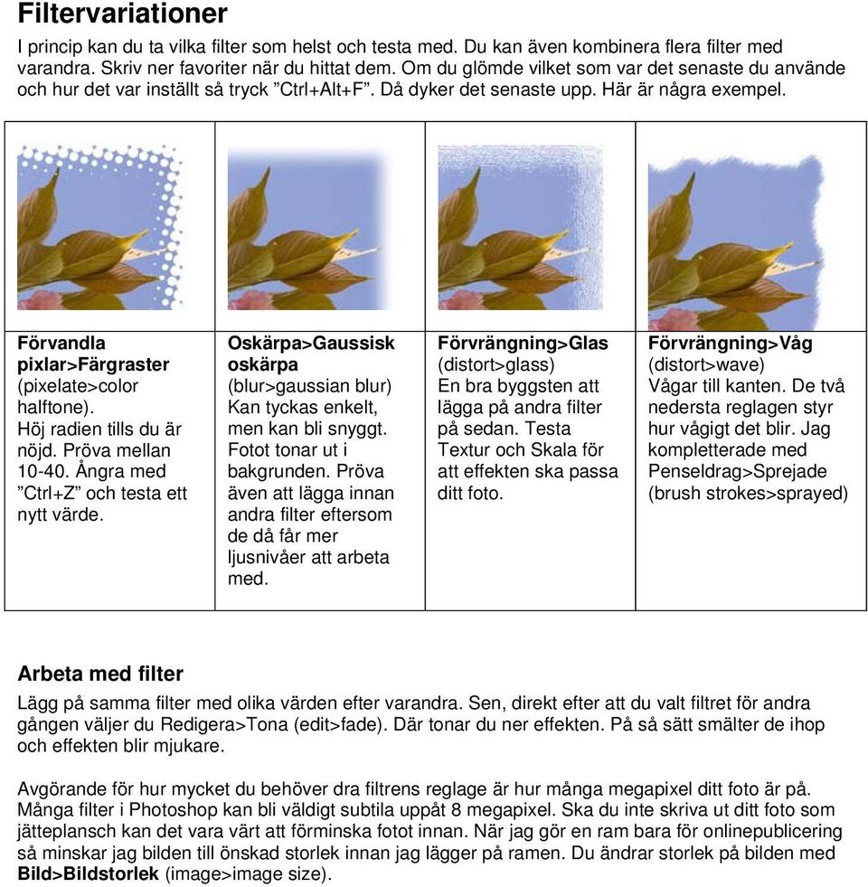 Höj radien tills du är nöjd. Pröva mellan 10-40. Ångra med Ctrl+Z och testa ett nytt värde. Oskärpa>Gaussisk oskärpa (blur>gaussian blur) Kan tyckas enkelt, men kan bli snyggt.