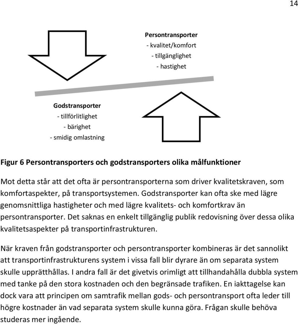 Godstransporter kan ofta ske med lägre genomsnittliga hastigheter och med lägre kvalitets- och komfortkrav än persontransporter.